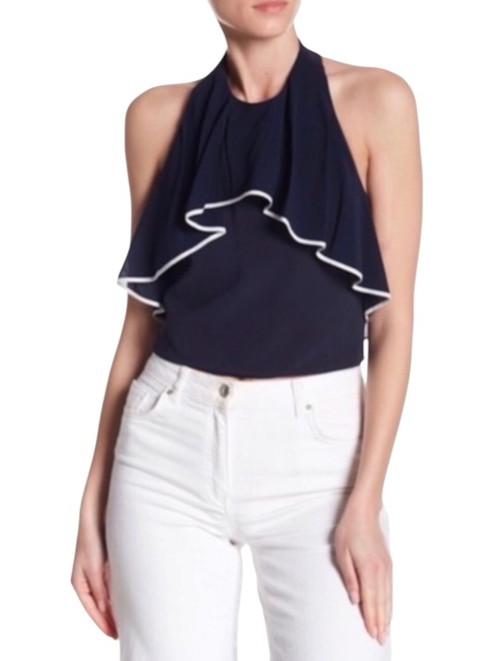 NWT Alice + Olivia XS Indigo Halter Ruffle Crop Top Contrast Trim Silk Blend